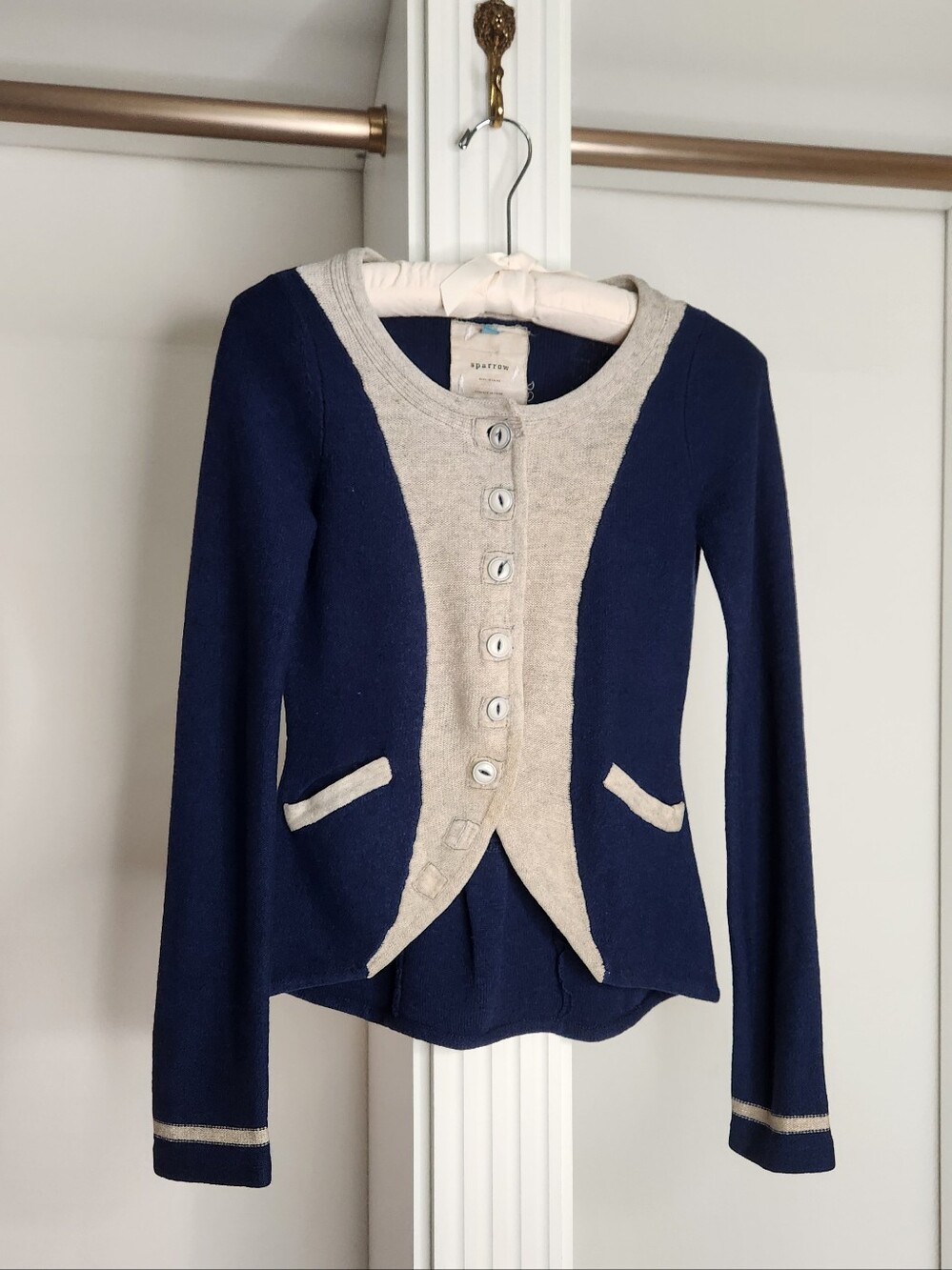 sparrow Anthropologie Navy and Light Gray Two-Tone Button Cardigan